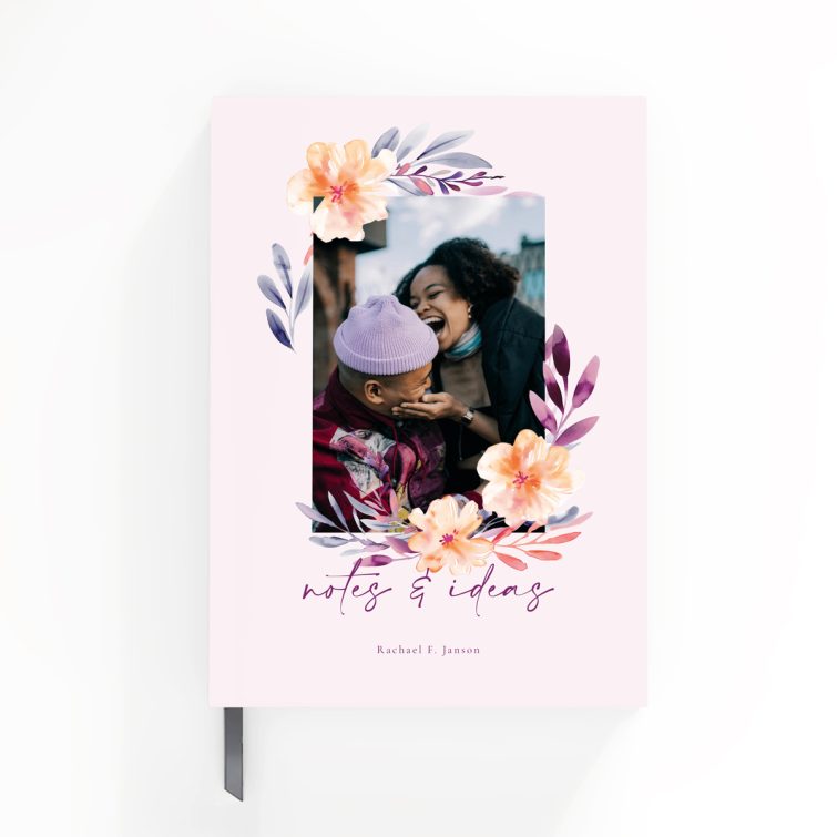 Floral design portrait notebook cover with one photo for personalisation by Utterly Printable.