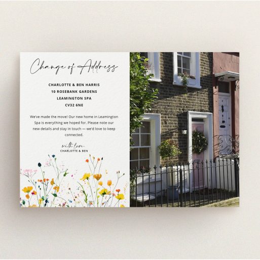 Floral Address Change Card Floral change of address card design with two-storey house photo on the right side.