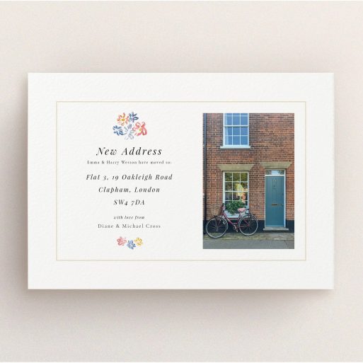 Charming UK Address Card Floral change of address card with photo of a brick house and bicycle.