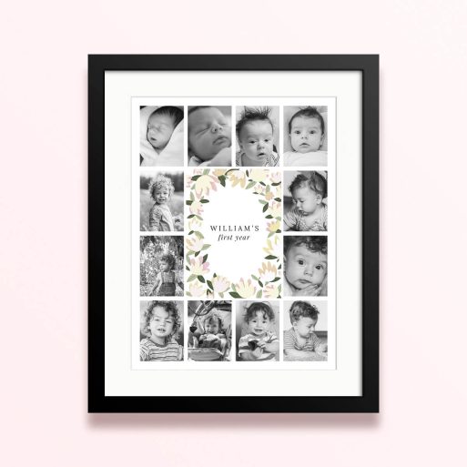 Framed and mounted photo print with a collage of 12 black and white baby photos.	Baby's First Year Print