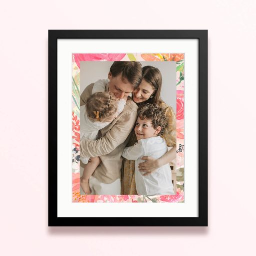 Framed and mounted photo print featuring one photo with a floral border design.