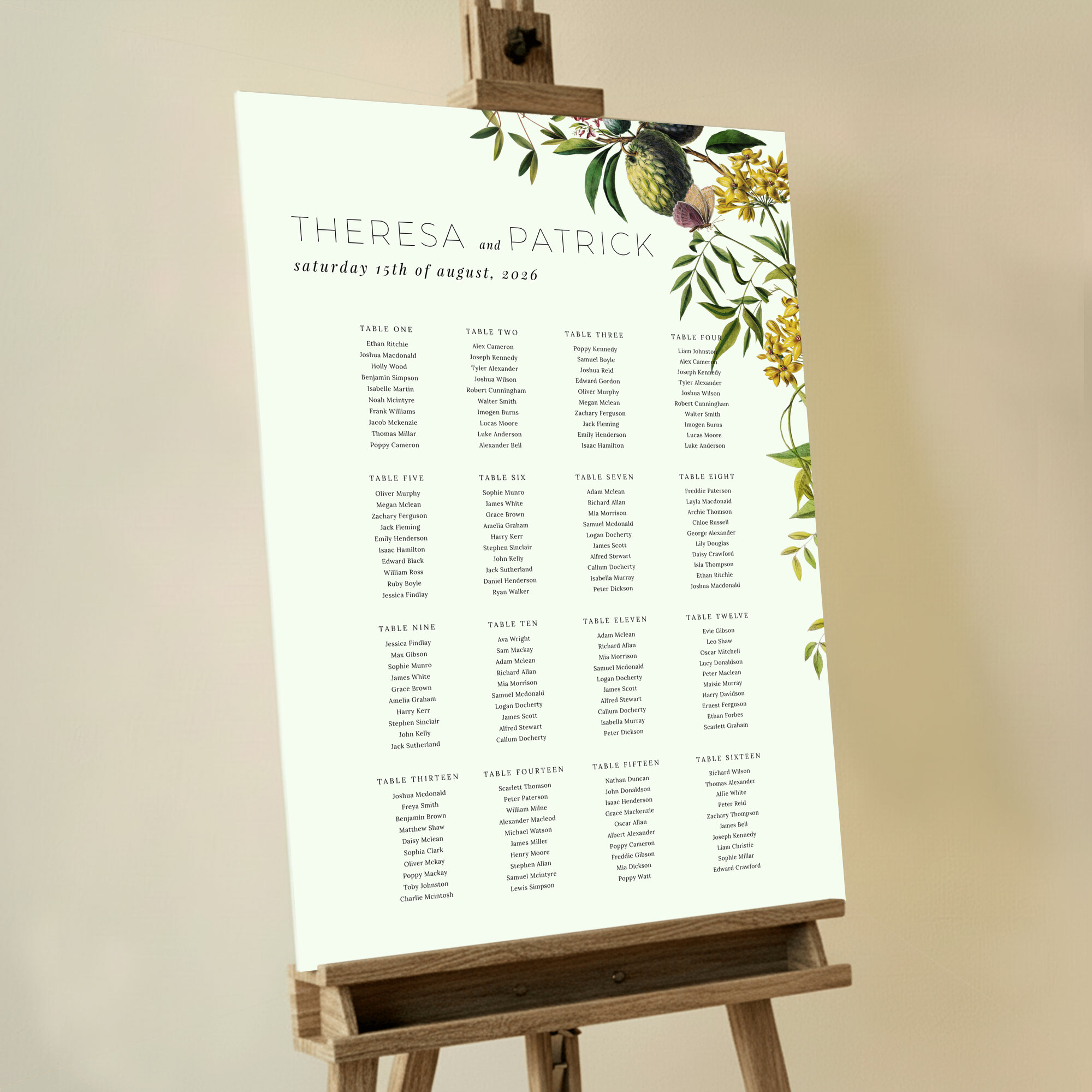 Custom Floral Greenery Seating Plan featuring beautiful floral illustrations on a light green background, perfect for a garden or outdoor wedding, printed on foamex board.. This design shows 16 tables.
