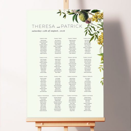 Custom Floral Greenery Seating Plan featuring beautiful floral illustrations on a light green background, perfect for a garden or outdoor wedding, printed on foamex board.. This design shows 16 tables.