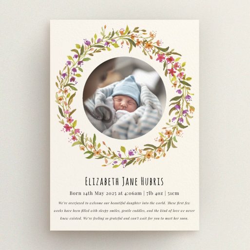 Floral birth announcement card design with one photo of a newborn baby in the centre.