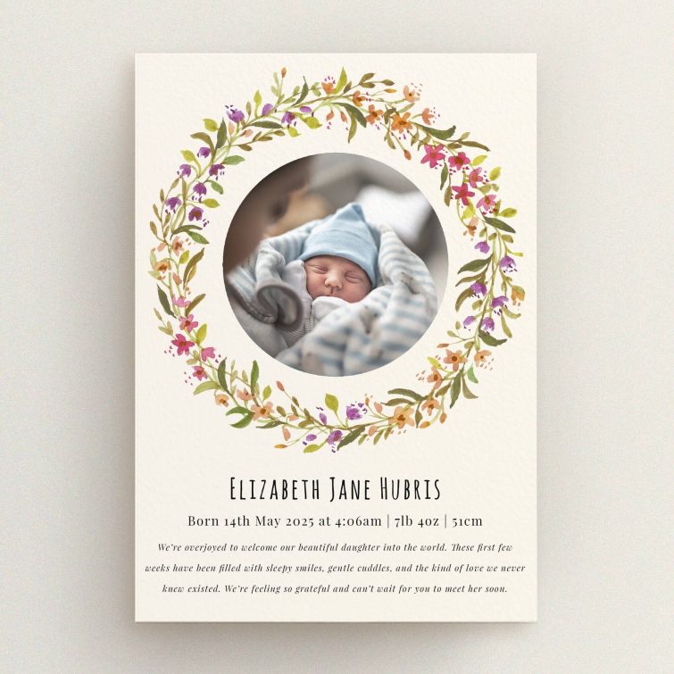 Floral birth announcement card design with one photo of a newborn baby in the centre.