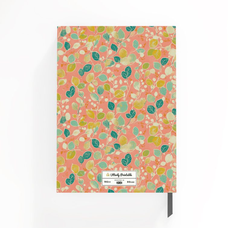 Colourful floral design for personalised notebooks cover with one photo placeholder on a peach background.