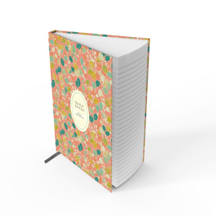 Colourful floral design for personalised notebooks cover with one photo placeholder on a peach background.