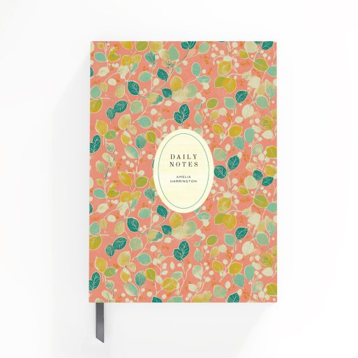 Colourful floral design for personalised notebooks cover with one photo placeholder on a peach background.