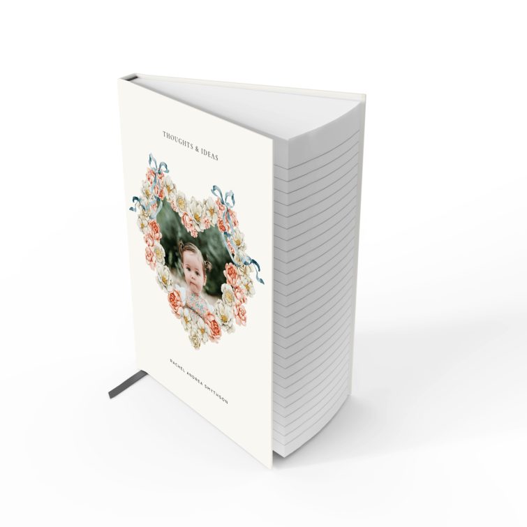 Elegant floral-themed personalised notebook cover design with one photo, designed by Utterly Printable.