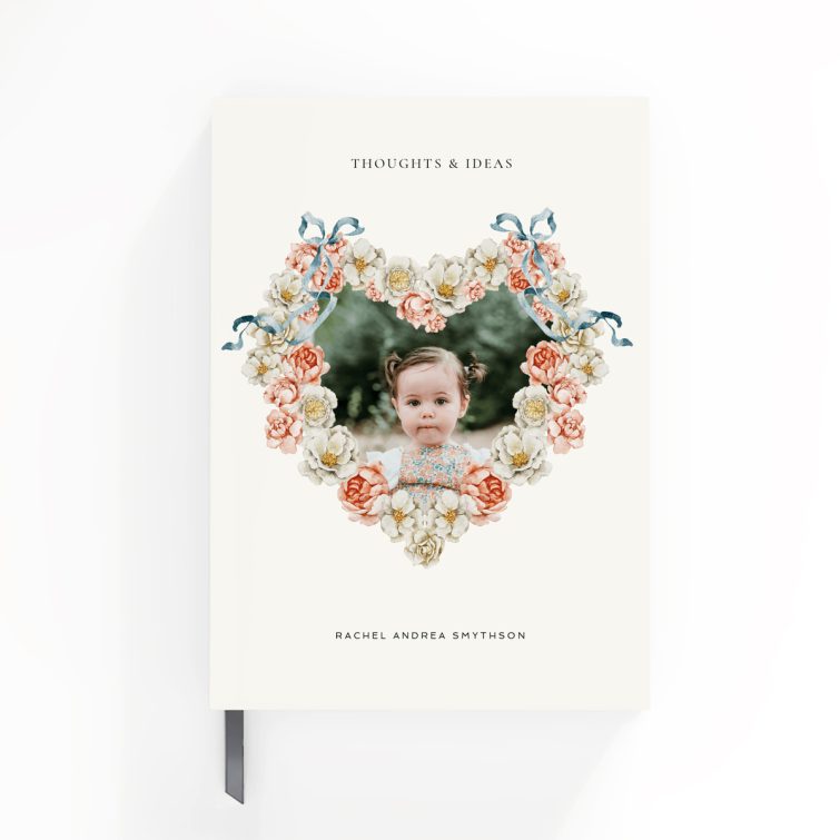 Elegant floral-themed personalised notebook cover design with one photo, designed by Utterly Printable.