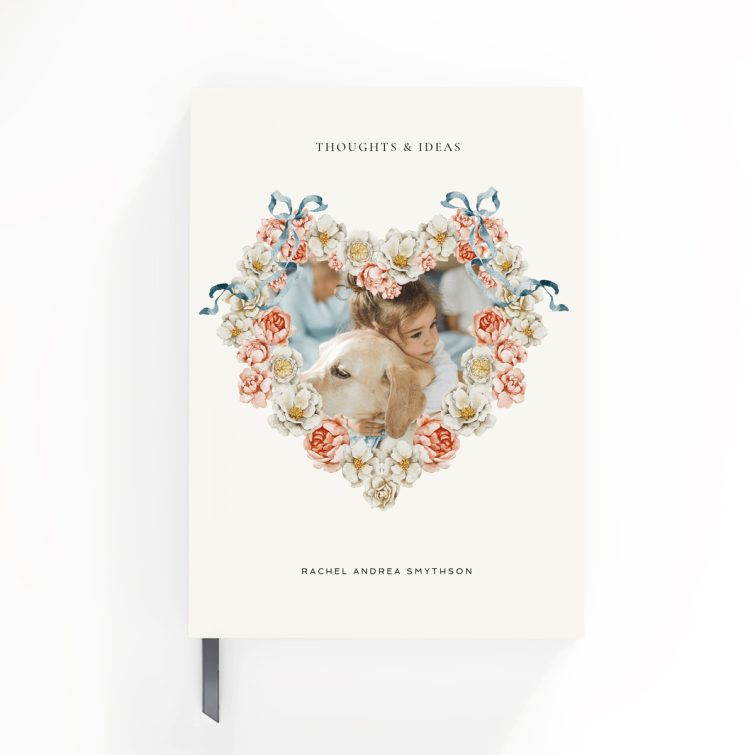 Floral heart design portrait notebook cover with one photo, personalised stationery by Utterly Printable.