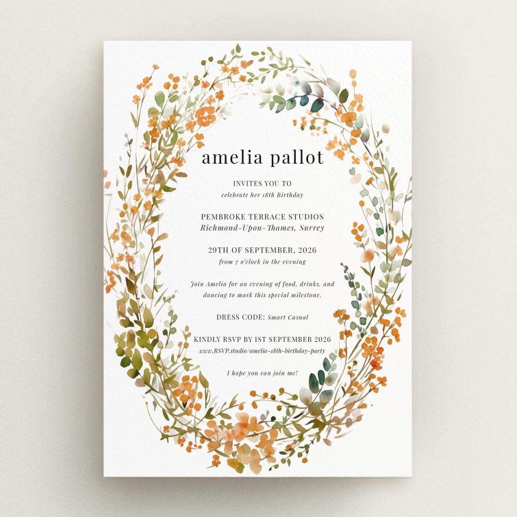 Floral-themed 18th birthday invitation card design with elegant text layout and no photos.