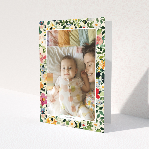 Baby thank you card with floral border and one photo.