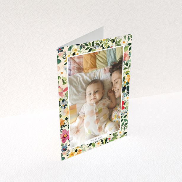 Baby thank you card with floral border and one photo.