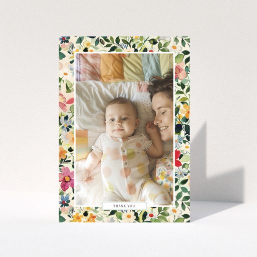 Baby thank you card with floral border and one photo.