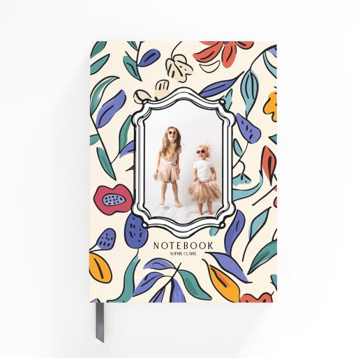 Floral design notebook cover with two photos on a portrait-oriented layout by Utterly Printable.