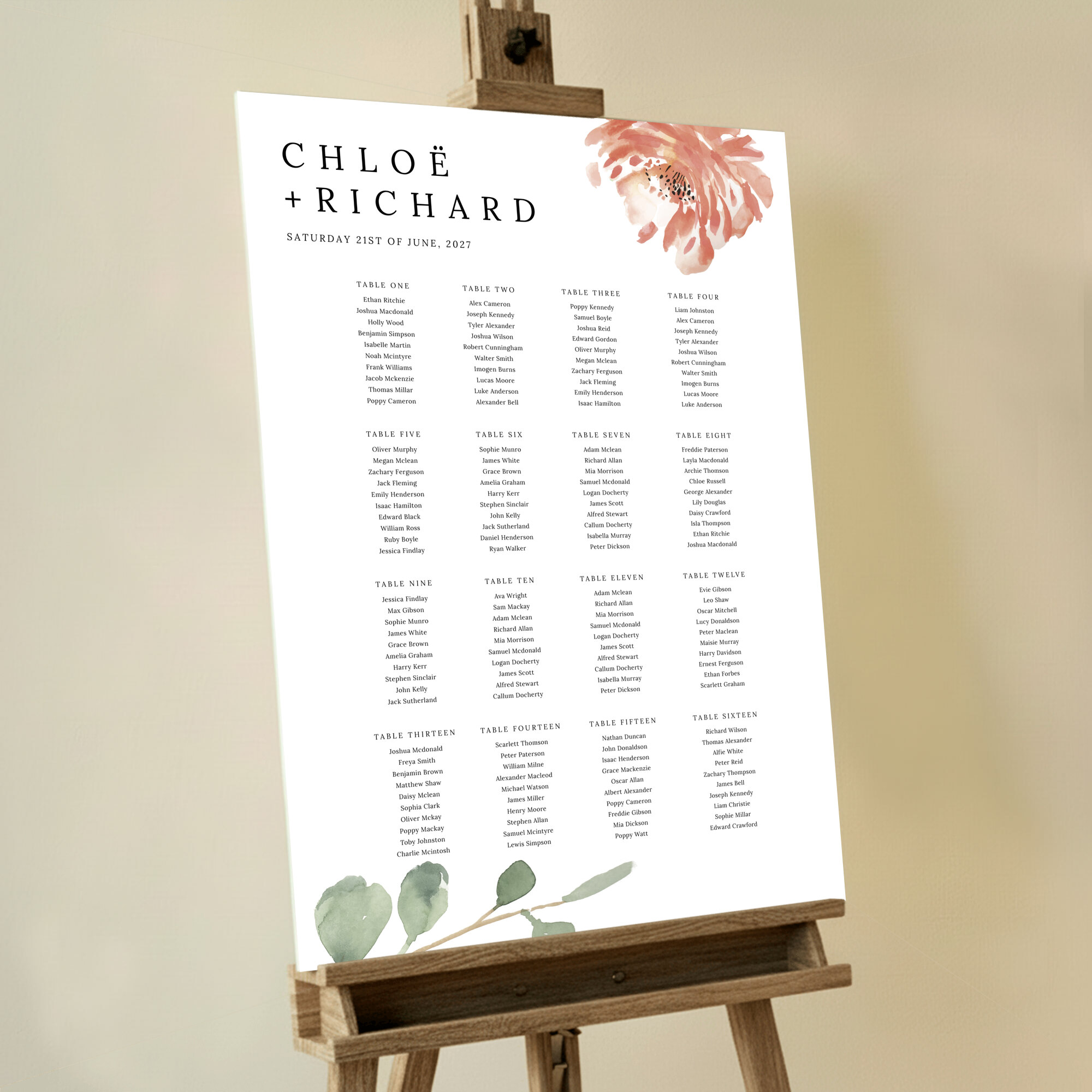 Floral and Leafy Beauty Seating Plan Design featuring painted red and pink flowers at the top right-hand corner and a green leaf branch at the bottom left, creating a natural and whimsical feel, perfect for a garden or outdoor wedding.. This template is formatted for 16 tables.