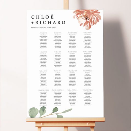 Floral and Leafy Beauty Seating Plan Design featuring painted red and pink flowers at the top right-hand corner and a green leaf branch at the bottom left, creating a natural and whimsical feel, perfect for a garden or outdoor wedding.. This template is formatted for 16 tables.