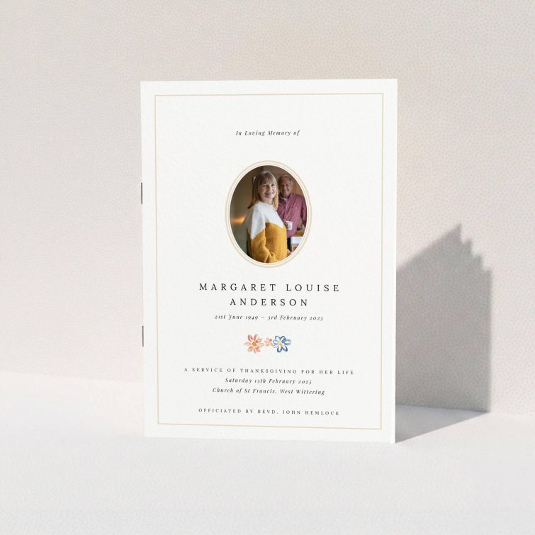 Funeral order of service programme design with one photo on the front cover, featuring personalised text and floral decorations.