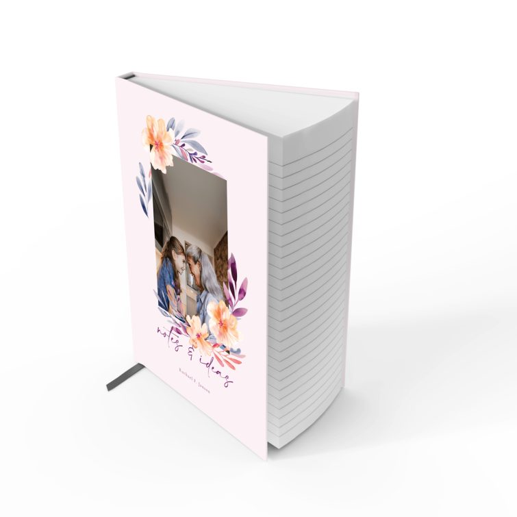 Customisable floral notebook cover design with one photo placeholder for personalisation and a soft pastel background suitable for personal or professional use.