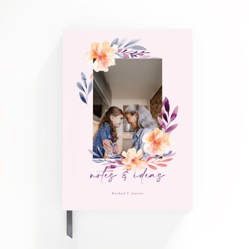 Customisable floral notebook cover design with one photo placeholder for personalisation and a soft pastel background suitable for personal or professional use.