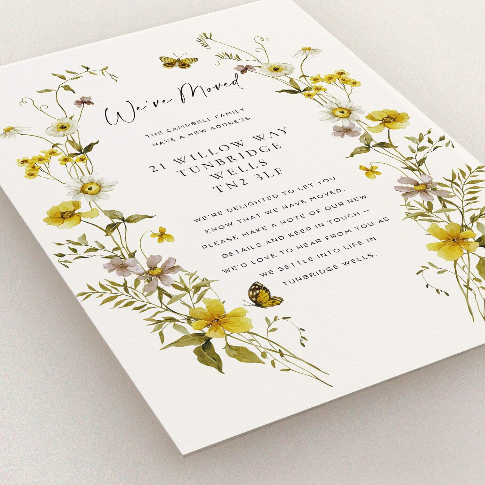 Floral change of address card design with butterfly illustration and decorative text.