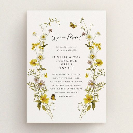 Floral change of address card design with butterfly illustration and decorative text.
