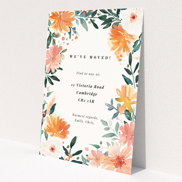 Floral change of address card with two photos surrounded by colourful flowers and leaves