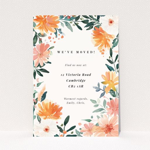 Floral change of address card with two photos surrounded by colourful flowers and leaves