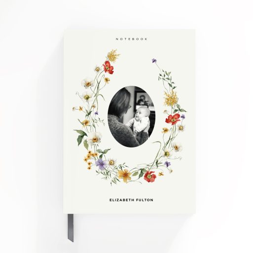 Floral personalised notebook cover design with one black and white photo.