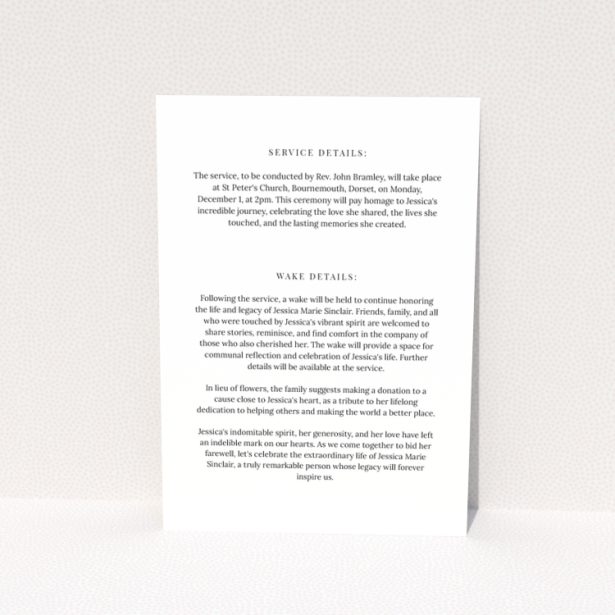 Funeral announcement card reverse side design Portrait with service and wake details text