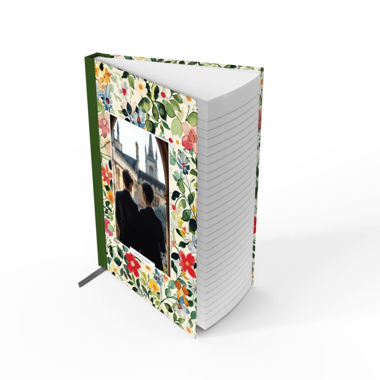 Floral notebook cover design with one photo, featuring vibrant watercolour flowers and a personalised name label.