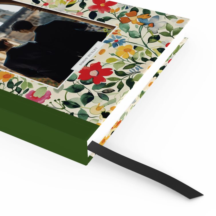 Floral notebook cover design with one photo, featuring vibrant watercolour flowers and a personalised name label.