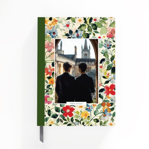 Floral notebook cover design with one photo, featuring vibrant watercolour flowers and a personalised name label.