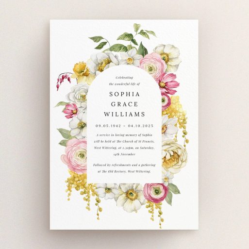 Elegant Funeral Announcement Elegant floral funeral announcement design with text space and no photos.