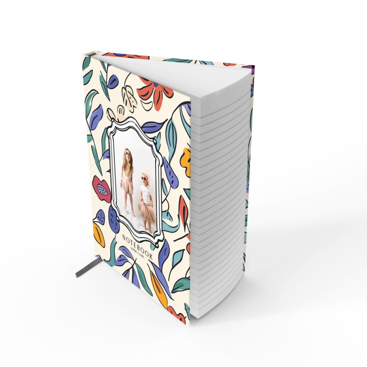 Colourful floral design notebook cover featuring one photo on the front.