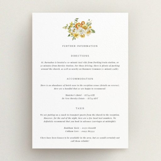 Floral-themed directions card with one decorative floral illustration for personalised invitations