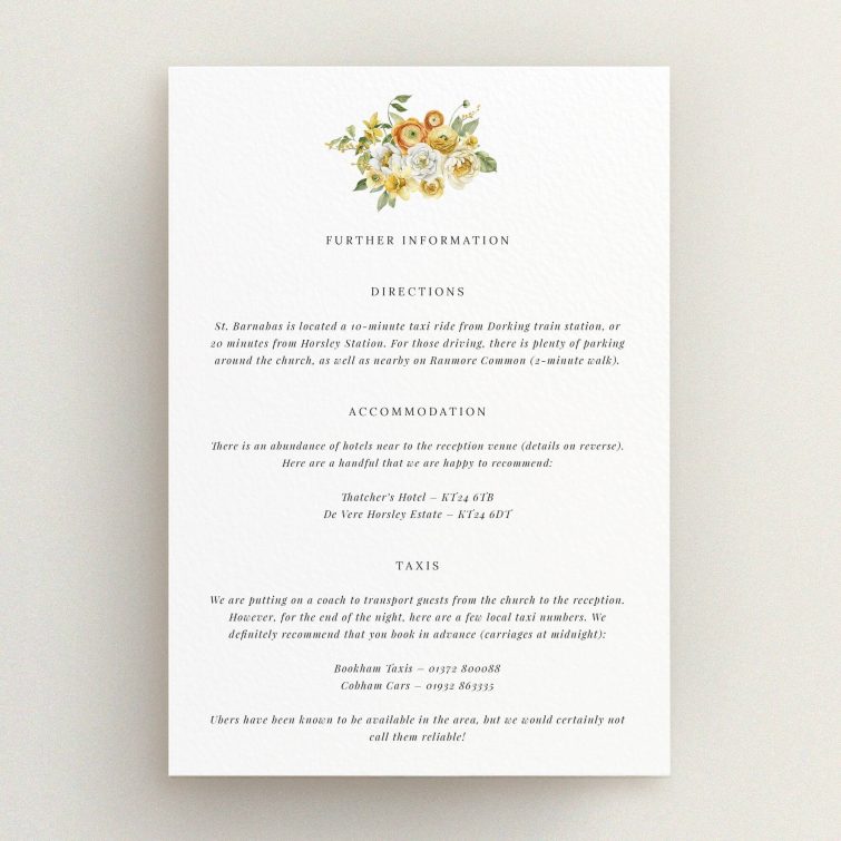 Floral-themed directions card with one decorative floral illustration for personalised invitations