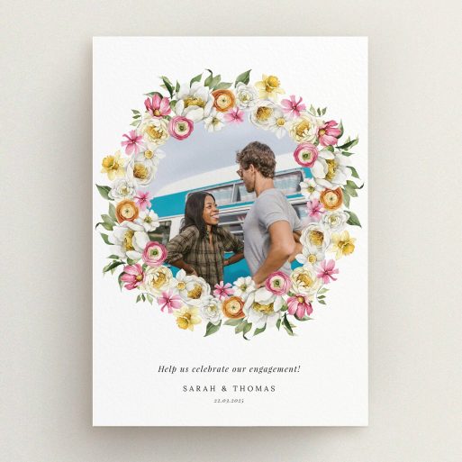 Floral engagement party invitations with one photo in decorative frame design.