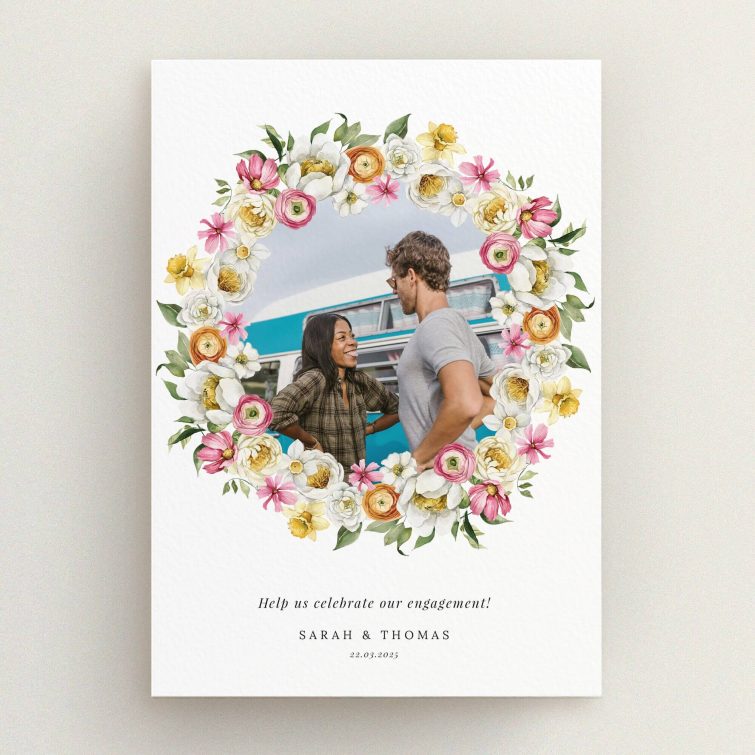 Floral engagement party invitations with one photo in decorative frame design.