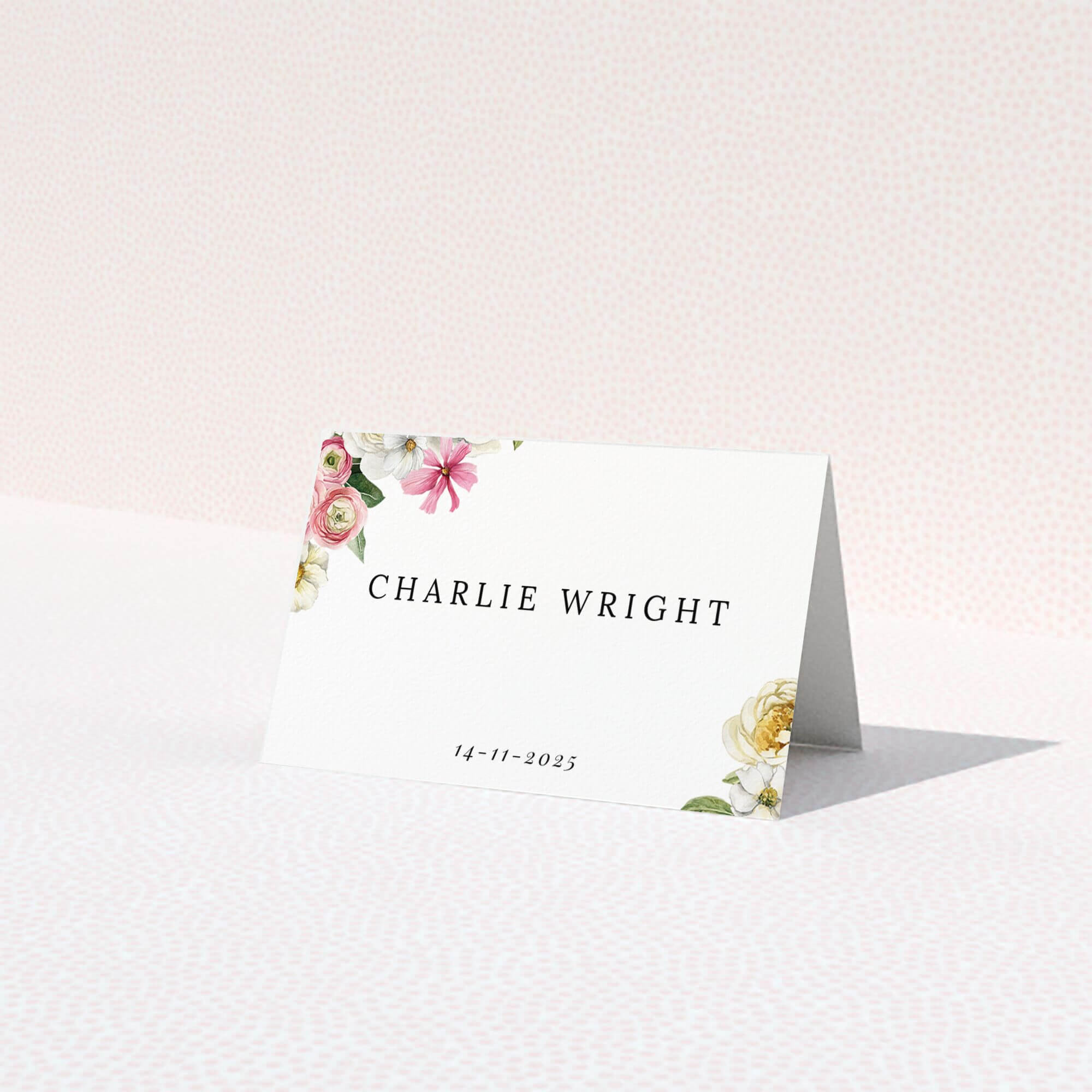 Elegant floral wedding table place card design with two decorative flower illustrations.