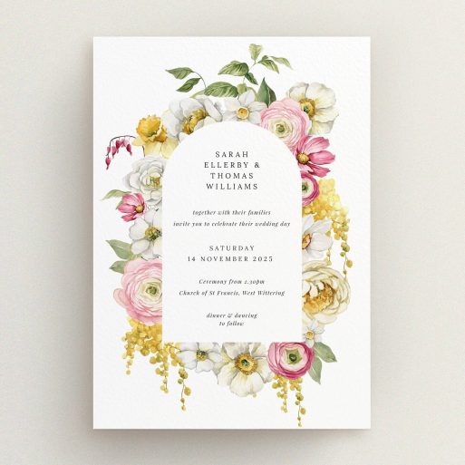 Floral wedding invitation design with elegant text and colourful flower illustrations.