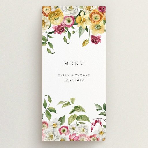 Floral wedding menu card design with botanical elements and no photos