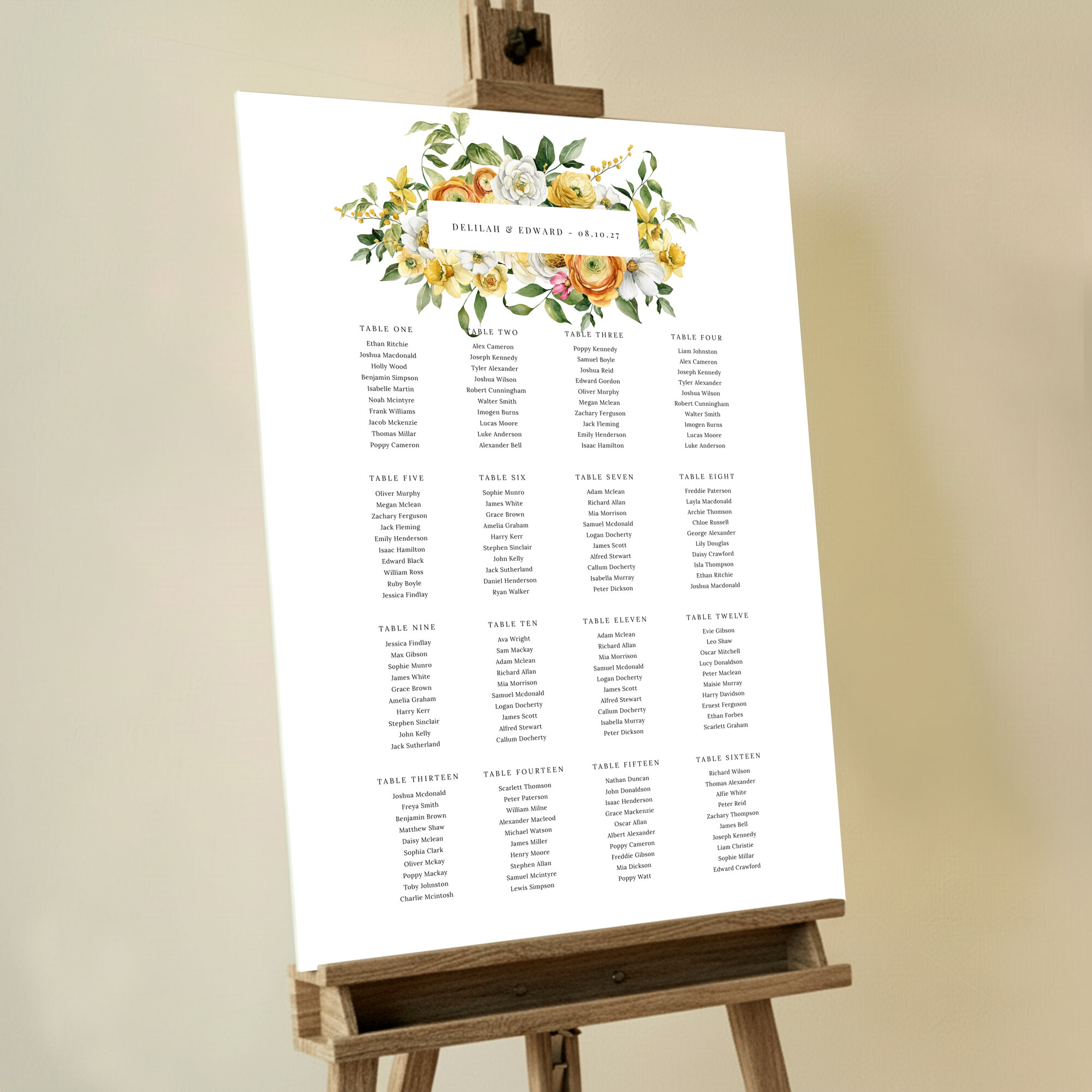 Floral wedding table plan design with guest names and two decorative flower illustrations. This one shows 16 tables.