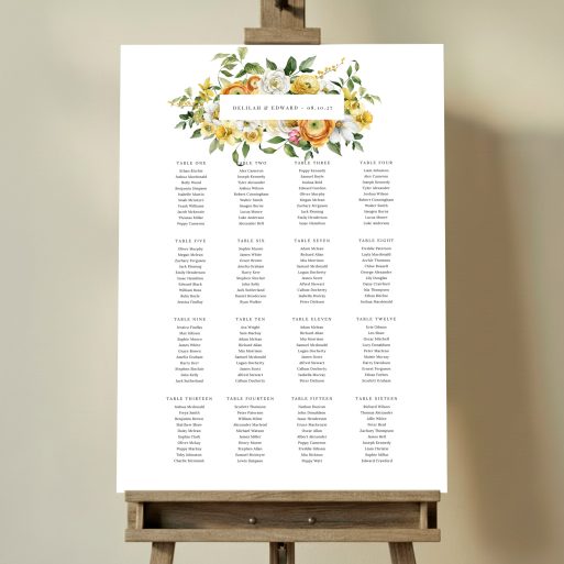 Floral wedding table plan design with guest names and two decorative flower illustrations. This one shows 16 tables.
