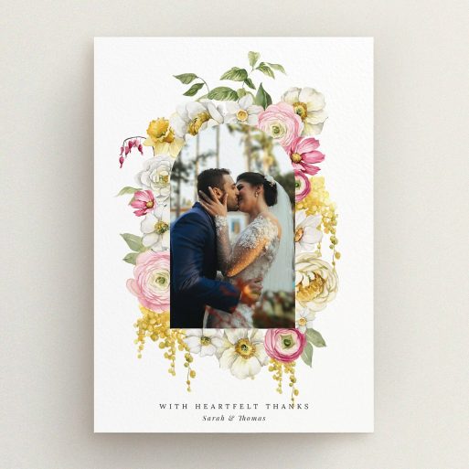 Floral wedding thank you card design with one photo of a couple kissing.