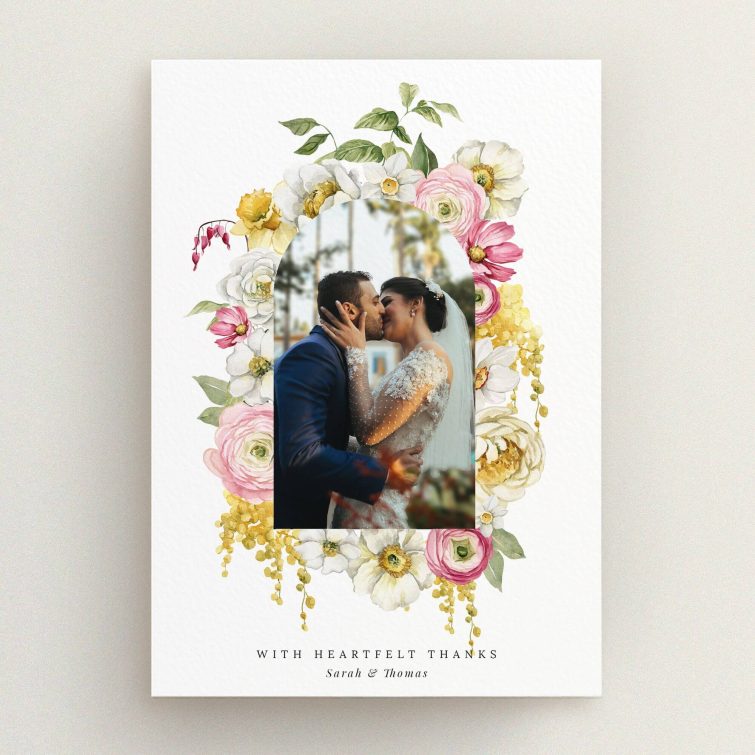 Floral wedding thank you card design with one photo of a couple kissing.