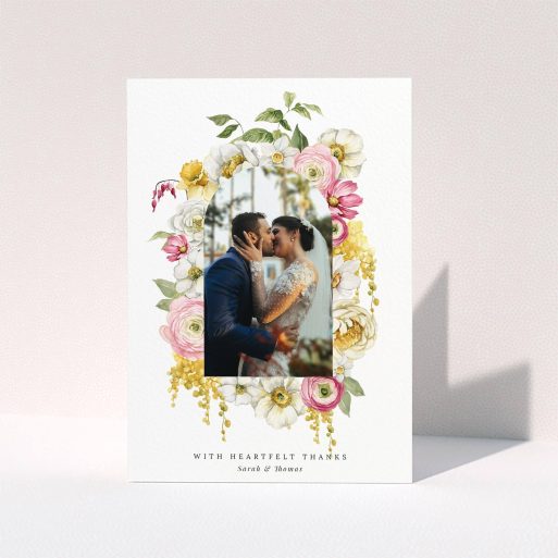 Elegant Wedding Card Floral wedding thank you card design with one photo of a couple kissing.
