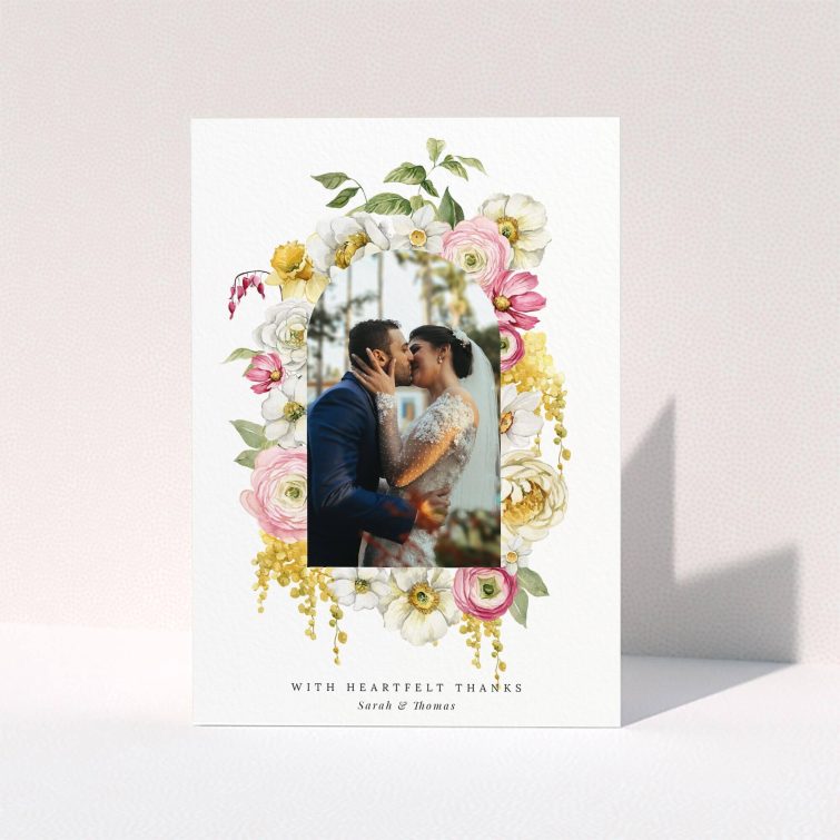 Floral wedding thank you card design with one photo of a couple kissing.