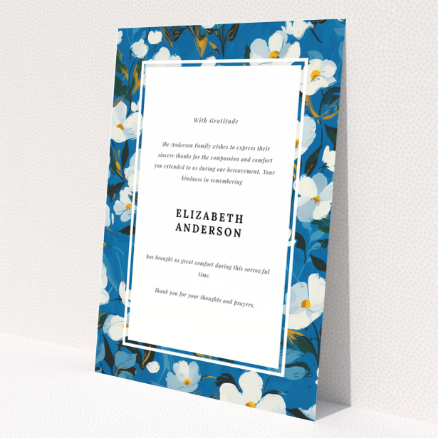 Floral funeral thank you card design with one photo and elegant script text on a blue background